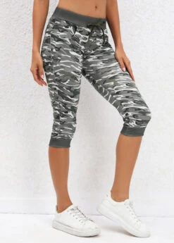 Sage Green Camouflage Print Mid Waisted Capri Leggings -Modlily Shop 329742 P 16817131427743