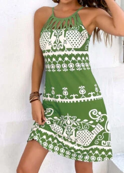 Avocado Green Cage Neck Tribal Print Dress