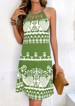 Avocado Green Cage Neck Tribal Print Dress -Modlily Shop 329744 P 16889782563933