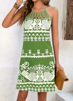 Avocado Green Cage Neck Tribal Print Dress -Modlily Shop 329744 P 16889782565032