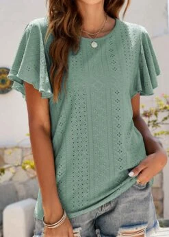 Green Ruffle Short Sleeve Round Neck T Shirt