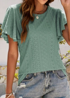 Green Ruffle Short Sleeve Round Neck T Shirt -Modlily Shop 329804 P 1679378022976
