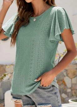 Green Ruffle Short Sleeve Round Neck T Shirt -Modlily Shop 329804 P 1679378022991
