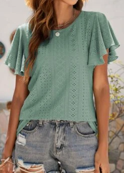 Green Ruffle Short Sleeve Round Neck T Shirt -Modlily Shop 329804 P 1679378024506