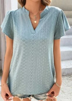 Dusty Blue Short Sleeve Split Neck T Shirt
