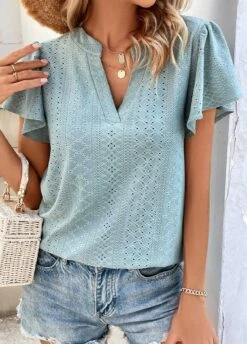 Dusty Blue Short Sleeve Split Neck T Shirt -Modlily Shop 329806 P 1679378063084