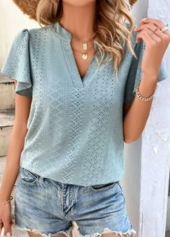 Dusty Blue Short Sleeve Split Neck T Shirt -Modlily Shop 329806 P 1679378063085