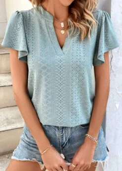 Dusty Blue Short Sleeve Split Neck T Shirt -Modlily Shop 329806 P 1679378063953