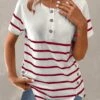 Wine Red Button Striped Short Sleeve T Shirt -Modlily Shop 329808 P 1679387209048