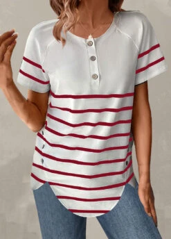 Wine Red Button Striped Short Sleeve T Shirt -Modlily Shop 329808 P 1679387210624