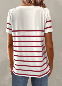 Wine Red Button Striped Short Sleeve T Shirt -Modlily Shop 329808 P 1679387210647