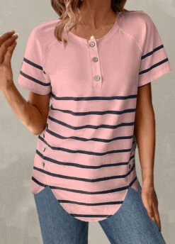 Light Pink Button Striped Short Sleeve T Shirt -Modlily Shop 329810 P 1679387240777
