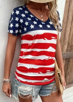 Multi Color Patchwork Flag Print T Shirt -Modlily Shop 329818 P 16818070894273