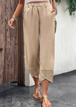 Light Camel Pocket Elastic Waist High Waisted Pants -Modlily Shop 329825 P 16824776750675