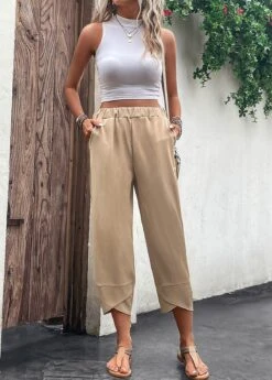 Light Camel Pocket Elastic Waist High Waisted Pants -Modlily Shop 329825 P 16824776752684