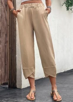 Light Camel Pocket Elastic Waist High Waisted Pants -Modlily Shop 329825 P 16824776754552