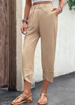 Light Camel Pocket Elastic Waist High Waisted Pants -Modlily Shop 329825 P 16824776754783