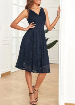 Navy Lace Sleeveless V Neck Dress -Modlily Shop 329828 P 16822137300522