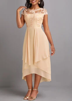 Champagne Lace High Low Short Sleeve Dress -Modlily Shop 329903 P 16822453670923