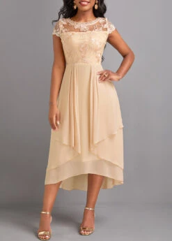 Champagne Lace High Low Short Sleeve Dress