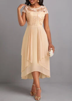 Champagne Lace High Low Short Sleeve Dress -Modlily Shop 329903 P 16822453676592