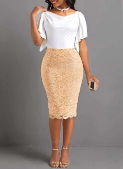 Champagne Lace Short Sleeve Off Shoulder Bodycon Dress -Modlily Shop 329922 P 16873098616343
