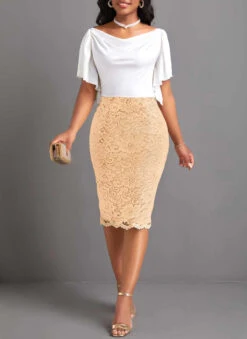 Champagne Lace Short Sleeve Off Shoulder Bodycon Dress -Modlily Shop 329922 P 16873098619494