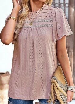 Dusty Pink Lace Patchwork Short Sleeve T Shirt 11 Dusty Pink Lace Patchwork Short Sleeve T Shirt -Modlily Shop 329958 P 1679475205572