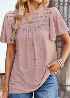 Dusty Pink Lace Patchwork Short Sleeve T Shirt 10 Dusty Pink Lace Patchwork Short Sleeve T Shirt -Modlily Shop 329958 P 1679475205884