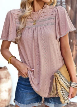 Dusty Pink Lace Patchwork Short Sleeve T Shirt 12 Dusty Pink Lace Patchwork Short Sleeve T Shirt -Modlily Shop 329958 P 1679475206205