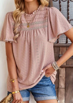 Dusty Pink Lace Patchwork Short Sleeve T Shirt 13 Dusty Pink Lace Patchwork Short Sleeve T Shirt -Modlily Shop 329958 P 1679475206476