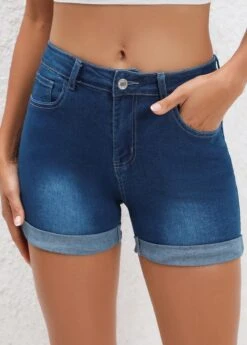 Navy Pocket Regular Button Fly Mid Waisted Shorts -Modlily Shop 329999 P 16817133179903