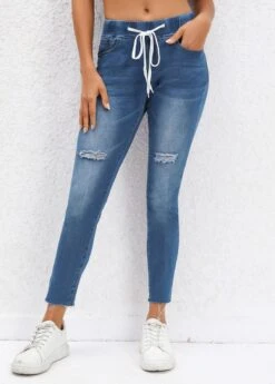 Dark Blue Pocket Skinny Drawastring Mid Waisted Jeans -Modlily Shop 330002 P 16817133720813