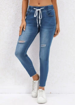 Dark Blue Pocket Skinny Drawastring Mid Waisted Jeans -Modlily Shop 330002 P 16817133723280