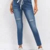 Dark Blue Pocket Skinny Drawastring Mid Waisted Jeans -Modlily Shop 330002 P 16817133729944