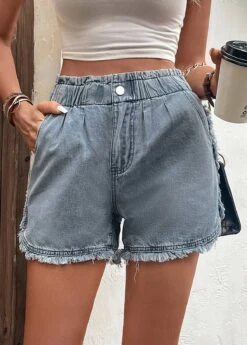 Blue Pocket Button Fly High Waisted Denim Shorts -Modlily Shop 330003 P 16824776100925