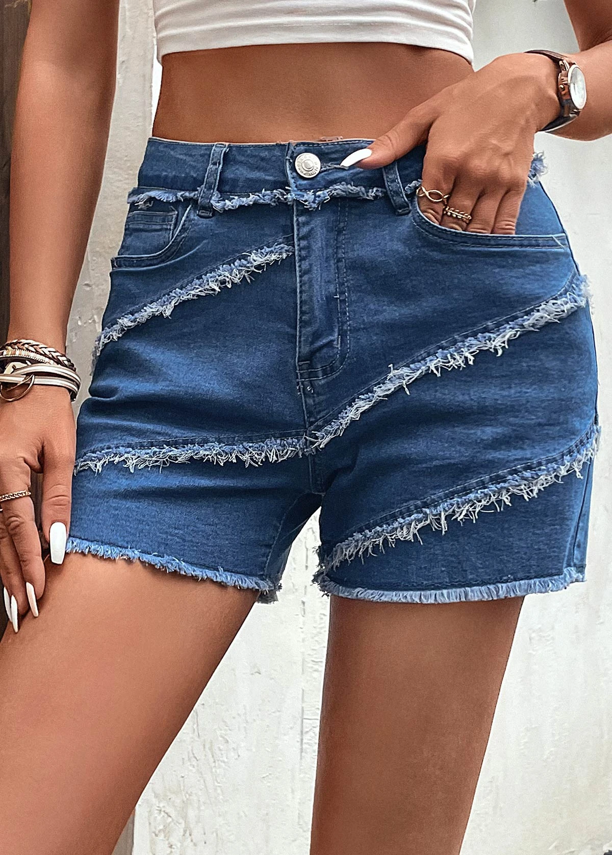 Pocket Patchwork Regular Button Fly Denim Shorts 6 Pocket Patchwork Regular Button Fly Denim Shorts - Image 4