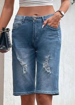 Dark Blue Hole Button Fly Denim Shorts -Modlily Shop 330005 P 16824775790833