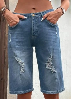 Dark Blue Hole Button Fly Denim Shorts -Modlily Shop 330005 P 16824775795112