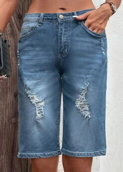 Dark Blue Hole Button Fly Denim Shorts -Modlily Shop 330005 P 16824775796460