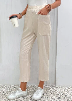 Beige Pocket Elastic Waist High Waisted Pants -Modlily Shop 330086 P 16839802553172