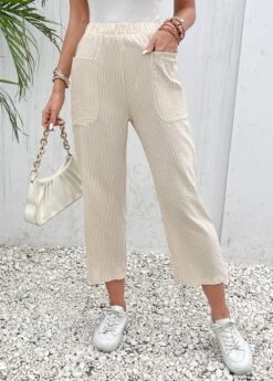 Beige Pocket Elastic Waist High Waisted Pants -Modlily Shop 330086 P 16839802559483