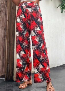 Red Lightweight Leaf Print Elastic Waist Pants -Modlily Shop 330088 P 16818067611543