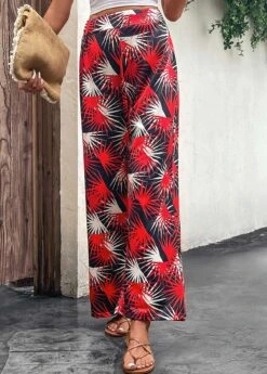 Red Lightweight Leaf Print Elastic Waist Pants -Modlily Shop 330088 P 16818067619075