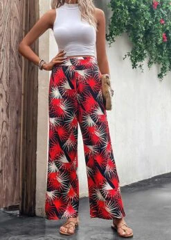 Red Lightweight Leaf Print Elastic Waist Pants -Modlily Shop 330088 P 16818067619324