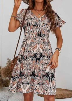 Multi Color Patchwork Tribal Print A Line Dress -Modlily Shop 330136 P 1679565020514