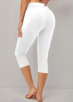 White High Waisted Capri Elastic Waist Leggings -Modlily Shop 330174 P 1679636775683