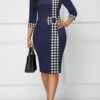 Blue Bowknot Plaid 3/4 Sleeve Bodycon Dress -Modlily Shop 330225 P 1680594604348