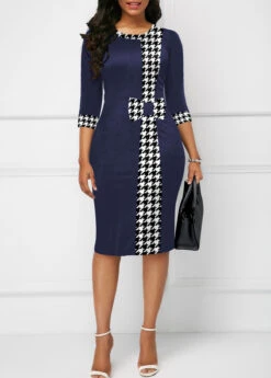 Blue Bowknot Plaid 3/4 Sleeve Bodycon Dress -Modlily Shop 330225 P 1680594604905