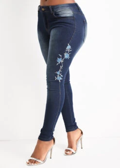 Denim Blue Embroidery Floral Print Skinny Zipper Fly Jeans 9 Denim Blue Embroidery Floral Print Skinny Zipper Fly Jeans -Modlily Shop 330249 P 16814718751722